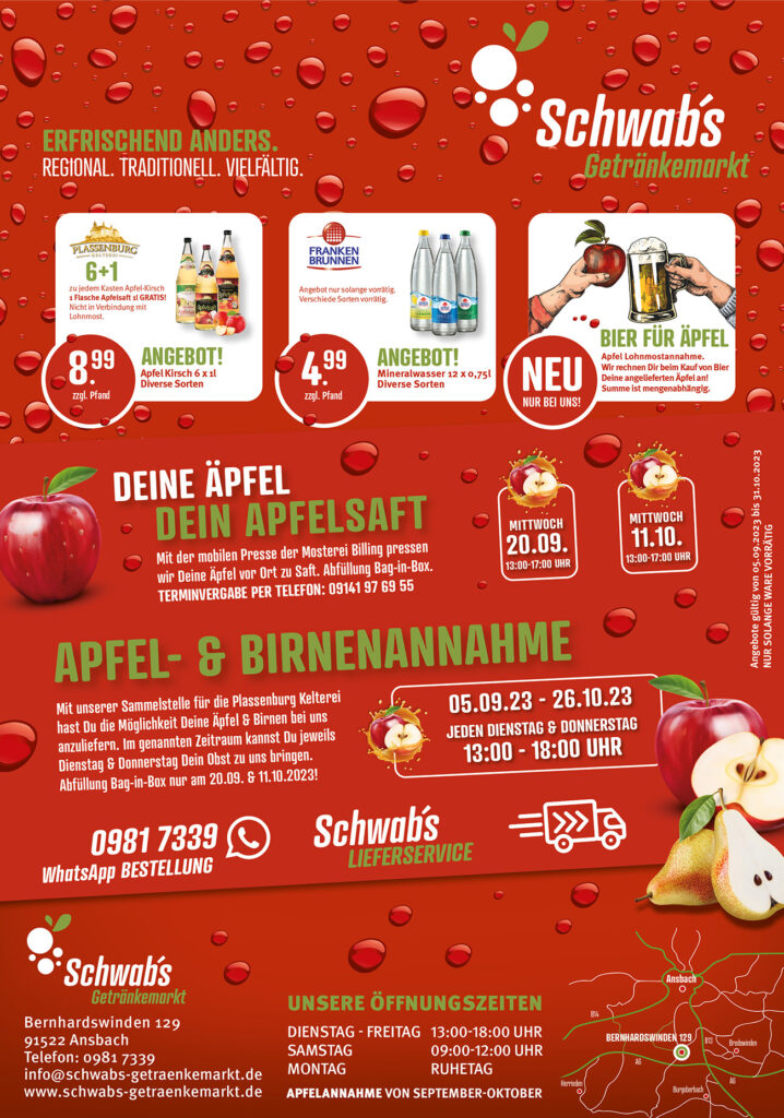 Schwabs Getränkemarkt Flyer ,it der Info zu Obstannahme und Termine mobile Presse
